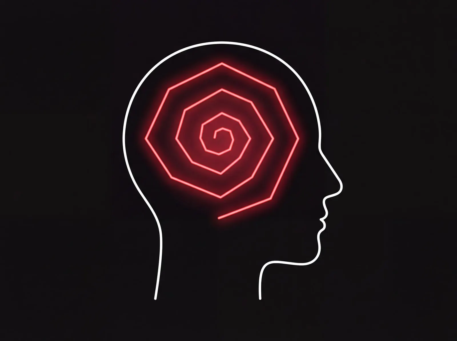 Outline of a human head in profile with a glowing red spiral where the mind would be